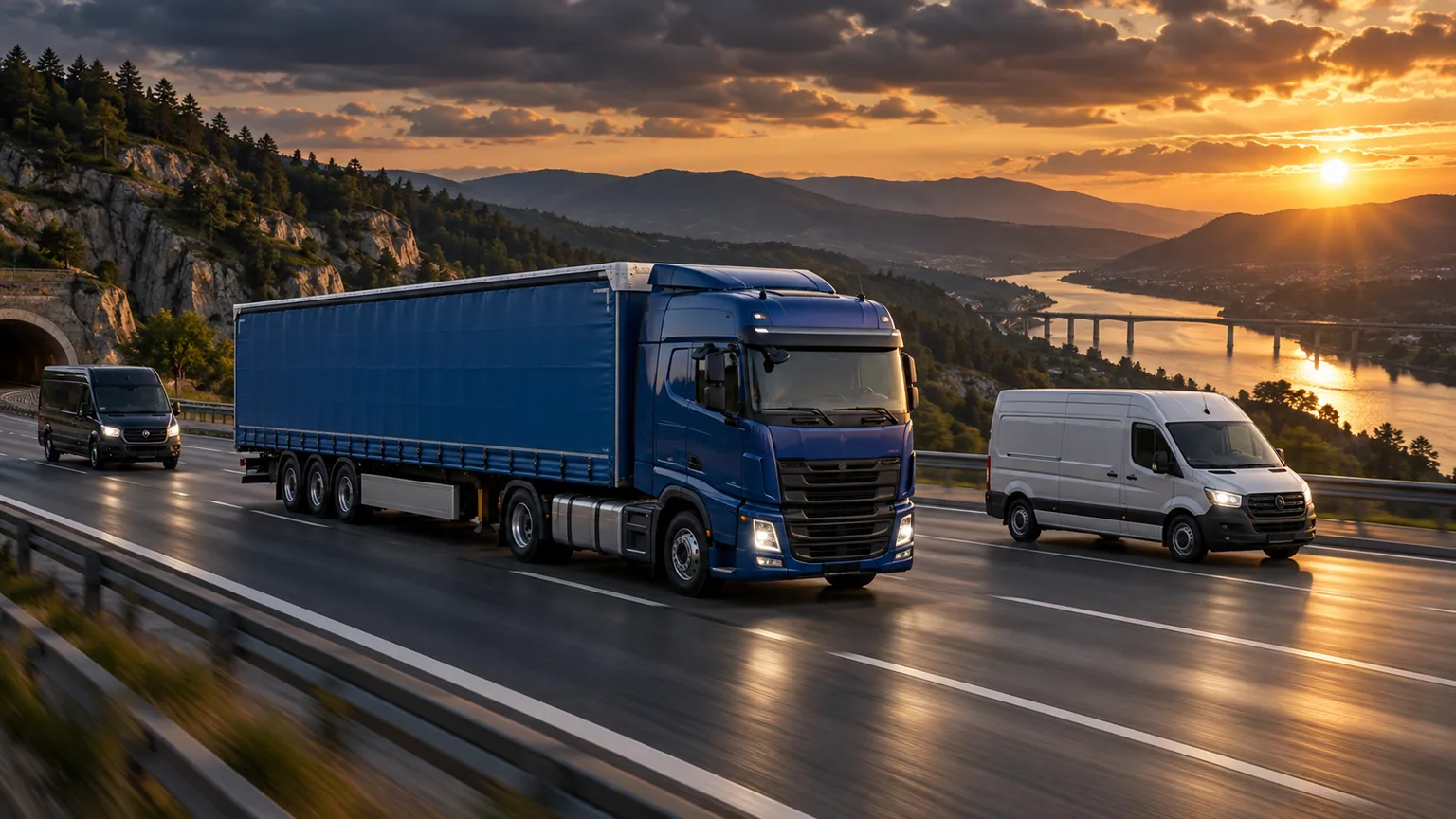 Camion albastru și dubă albă pe autostradă, în lumina apusului