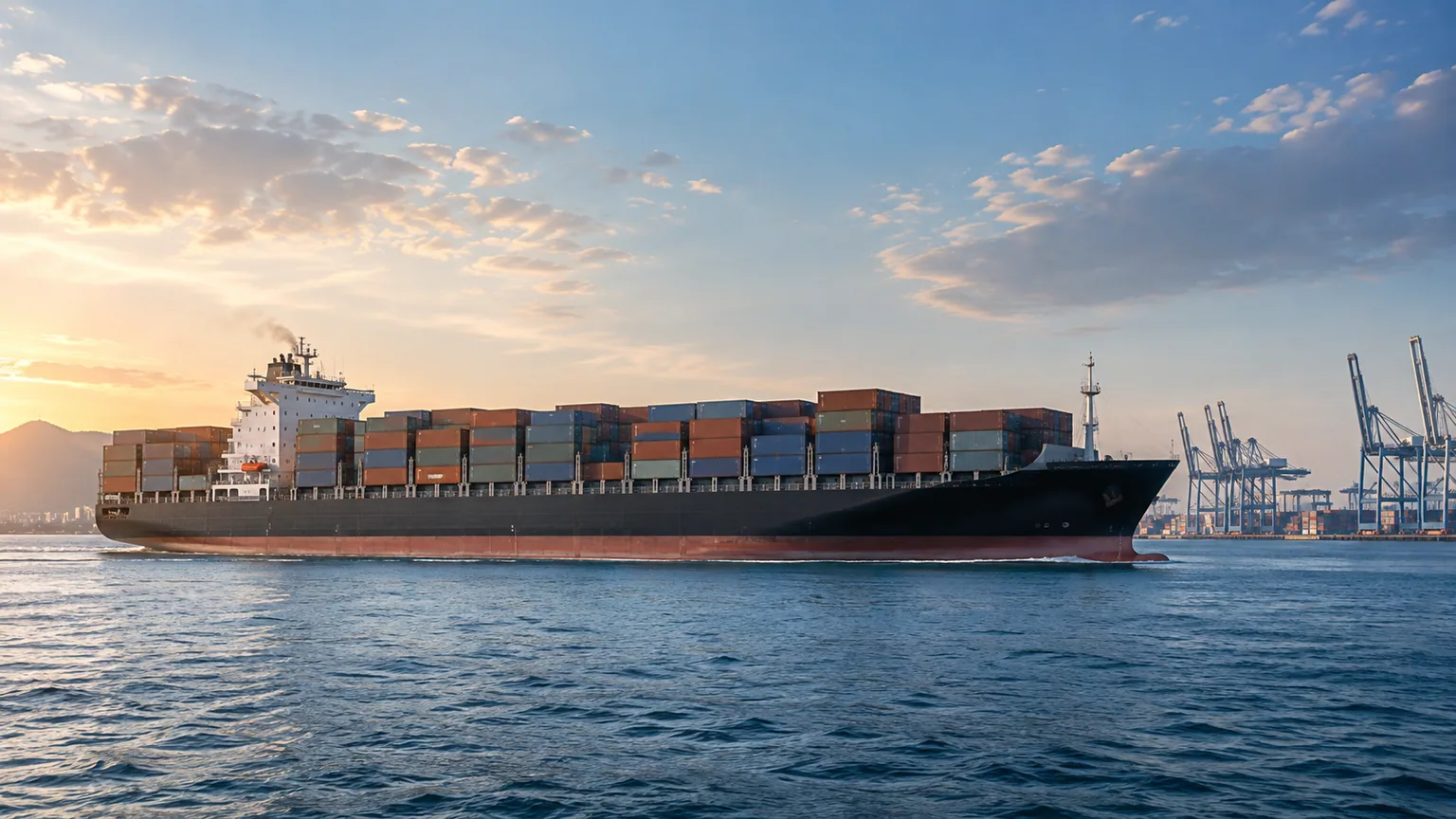 Navă portcontainer văzută din lateral la ieșirea din port