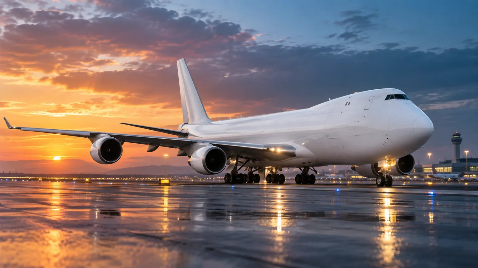 Avion cargo pe pista aeroportului la apus